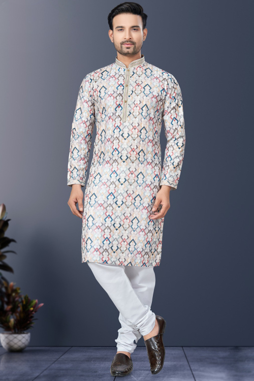 Rayon Off White Printed Straight Cut Men's Kurta Churidar
