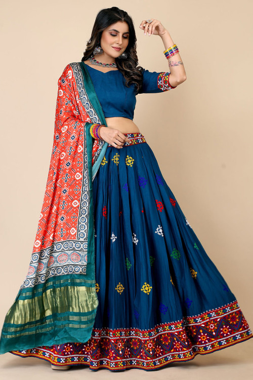 Red & Blue Multi Color Fancy Designer Banarasi Silk Bridal Lehenga Choli  Wholesale