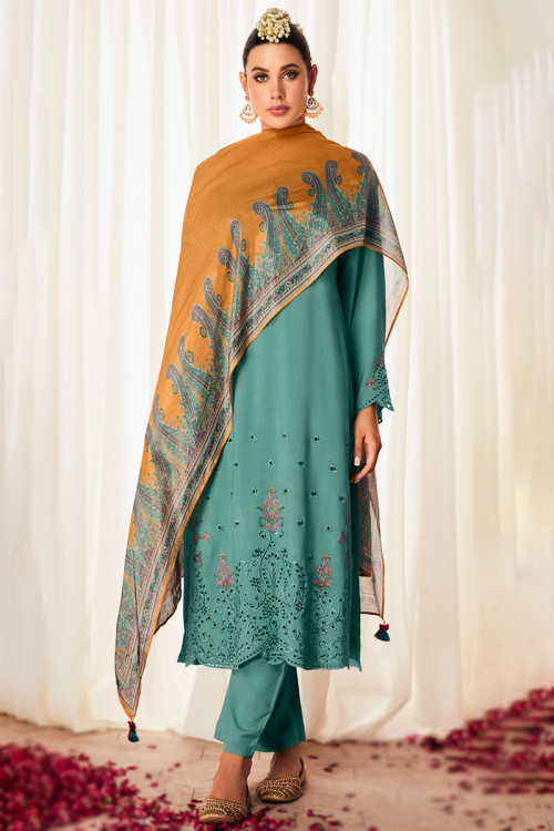 Rayon Powder Blue Resham Embroidered Straight Cut Suit