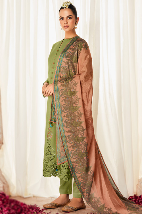 Rayon Resham Embroidered Olive Green Straight Cut Suit