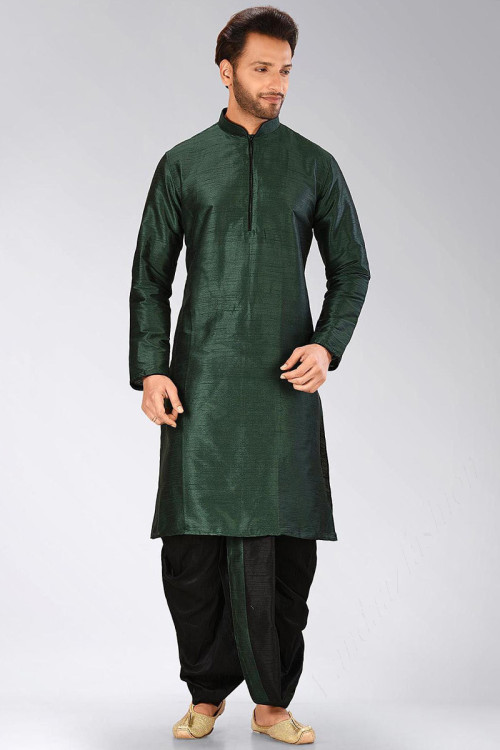 Buy Ready To Wear Dark Green Kurta With Black Dhoti for Eid Party ...