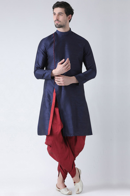 Ready To Wear Kurta Dhoti For Eid Party In Navy Blue Color 