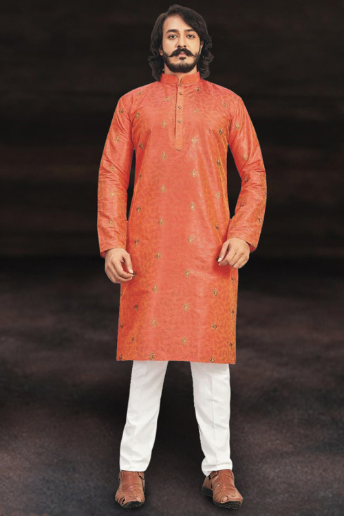 Ready To Wear Kurta Pajama For Eid Party In Orange Color