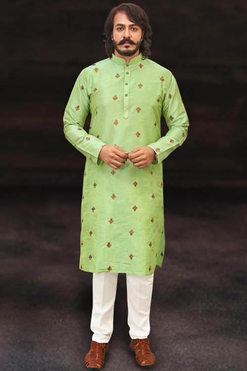 Ready To Wear Kurta Pajama for Wedding Party In Light Perrot Green Color