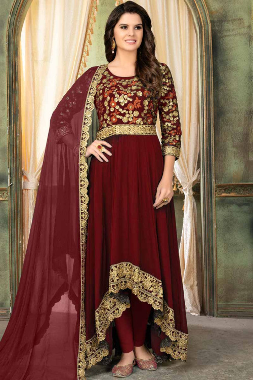 Red Faux Georgette Embroidered Anarkali Suit