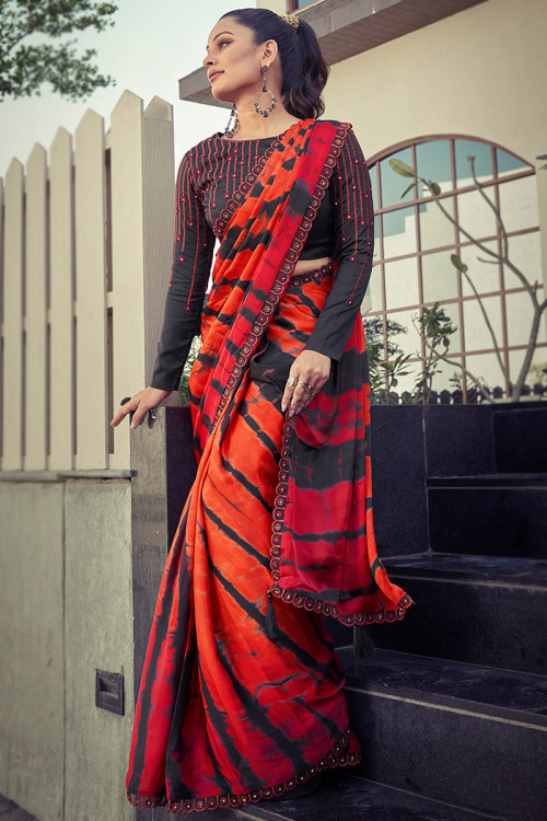 Red And Black Printed Satin Tie and Dye Saree 