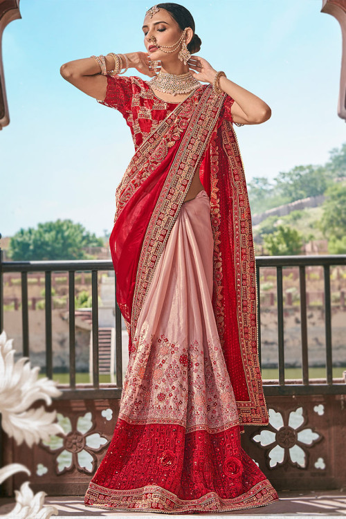Red And Pale Pink Embroidered Satin Silk Half and Half Saree