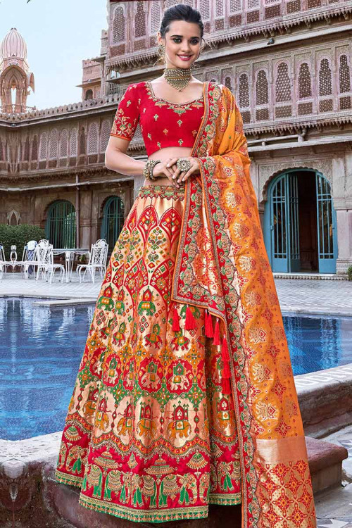 Buy Red and Rose Gold Banarasi Silk Lehenga Choli Online - LLCV01234 ...