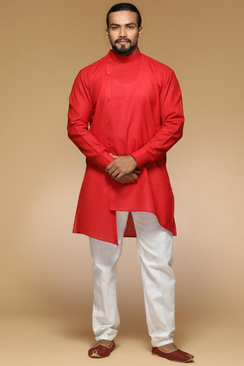 Red and White Solid Kurta Pajama for Eid Festival