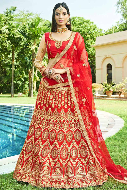 Red Art Silk A-Line Embroidered Lehenga