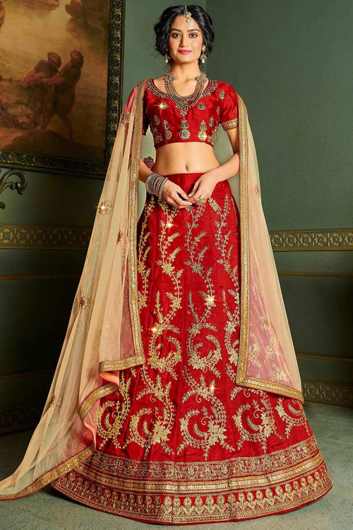 Red Art Silk Embroidered Bridal Lehenga Blouse