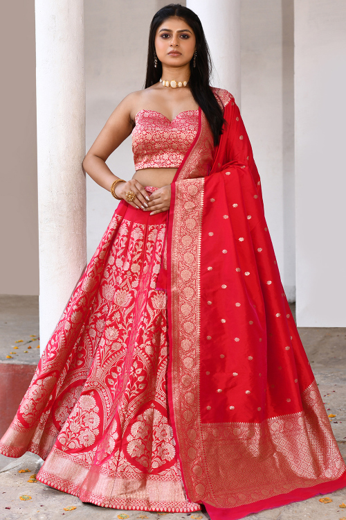 Red Art Silk A Line Lehenga With Woven Zari Work