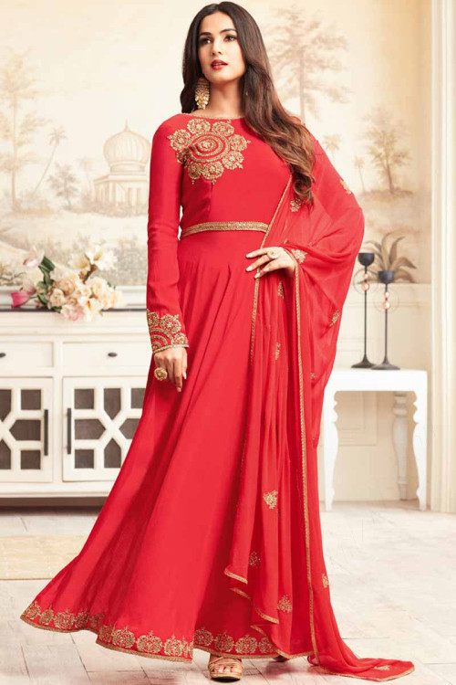Red Art Silk Anarkali Suit With Zari Work