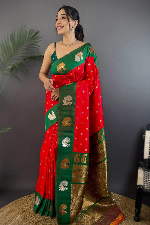 Red Art Silk Broad Border Saree With Weaved Work