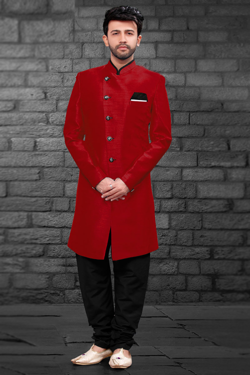 Red Art Silk Churidar Men Sherwani