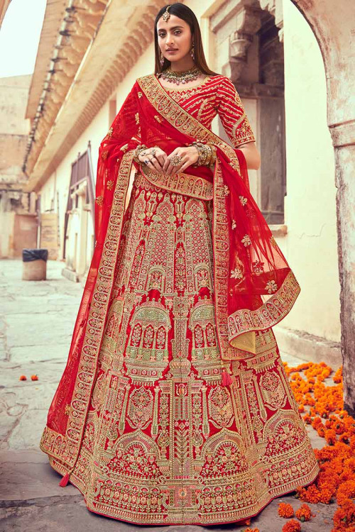 Red Art Silk Embroidered Bridal Lehenga Blouse