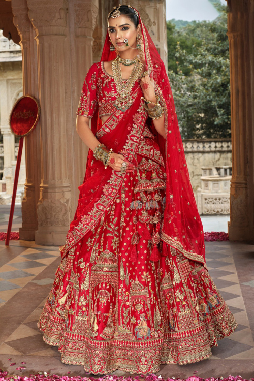 Red Art Silk Embroidered Bridal Lehenga With Dori Work