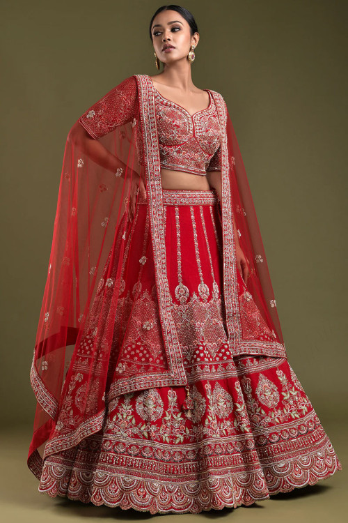 Red Art Silk Embroidered Bridal Wear Lehenga