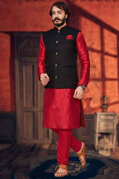 Red Art Silk Jacket Style Men Kurta Pajama