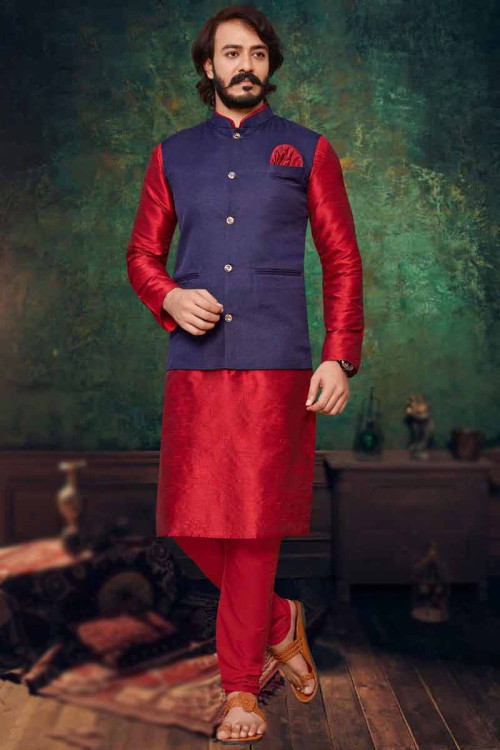 Red Art Silk Jacket Style Men Kurta Pajama