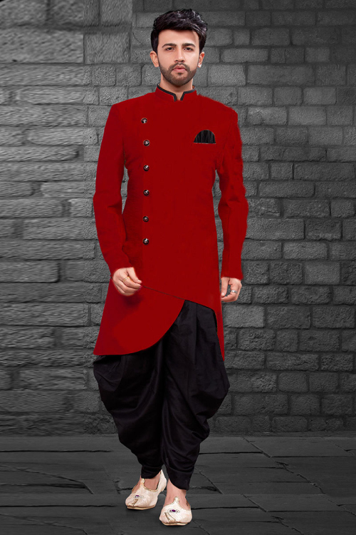 Red Art Silk Plain Sherwani With Black Dhoti