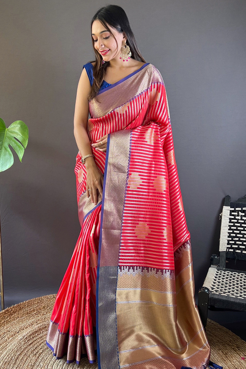Red Art Silk Saree With Woven Zari Work For Wedding