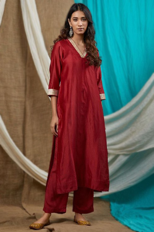 Red Art Silk Straight Cut Party Wear Eid Trouser Suit