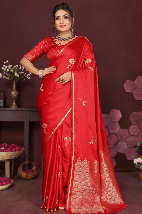 Red Art Silk Woven Zari Broad Border Saree 