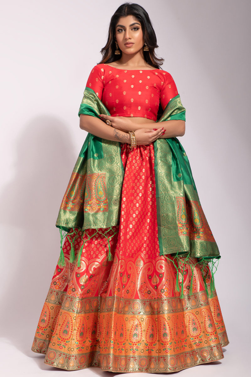 Zari Work Red Lehenga in Banarasi Silk for Party 
