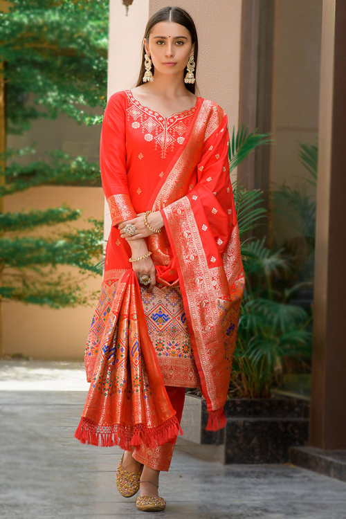 Red Banarasi Silk Woven Zari Straight Cut Trouser Suit 