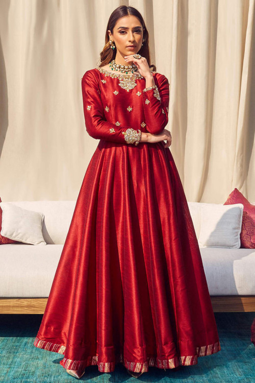 Red Bangalori Silk Embroidered Wedding Wear Anarkali Suit