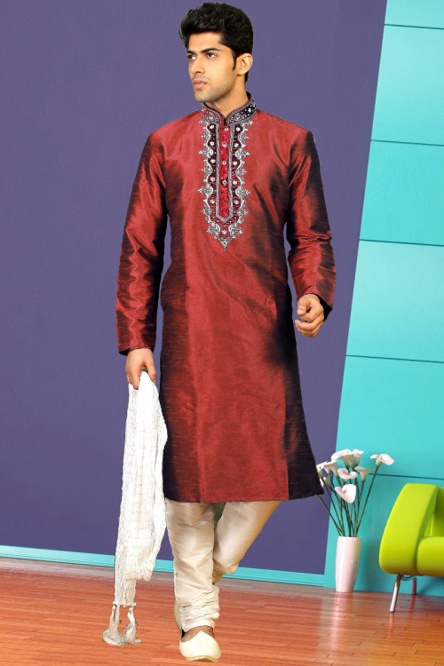 Red Banglori Silk Kurta Pajama With Zari Work