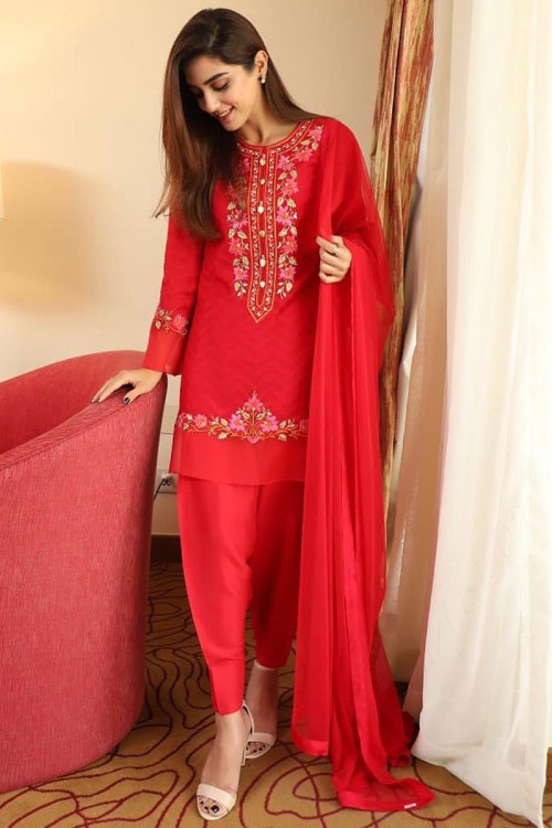 Red Banglori Silk Wedding Patiala Suit Resham Work