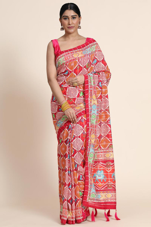 Red Chanderi Cotton Printed Saree