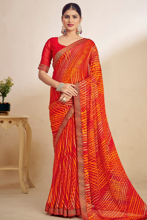 Red Chiffon Saree With Printed Work For Festival