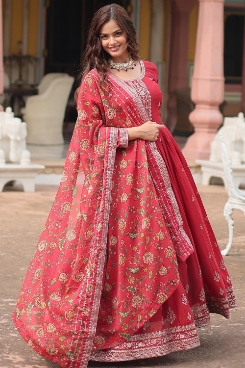 Red Chinnon Anarkali Suit With Zari Work For Festival