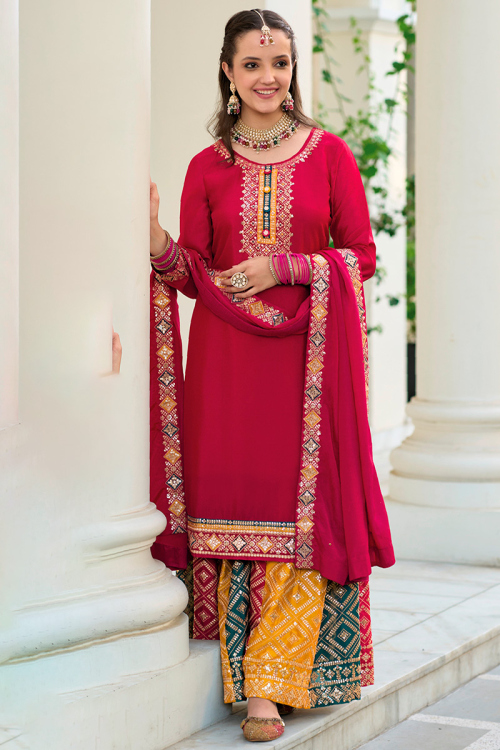 Red Chinnon Resham Embroidered Straight Cut Palazzo suit