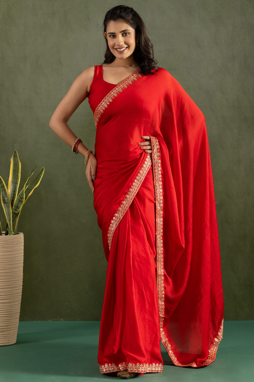 Red Chinnon Saree With Dori For Festival