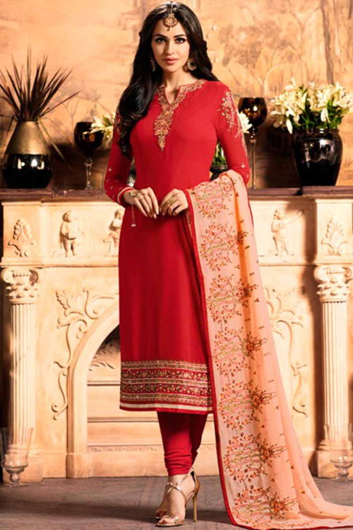 Resham Embroidered Georgette Red Churidar Suit