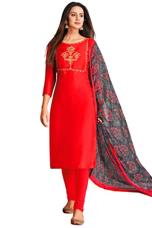 Churidar Churidar Suit in Cotton Red for Casual Wear