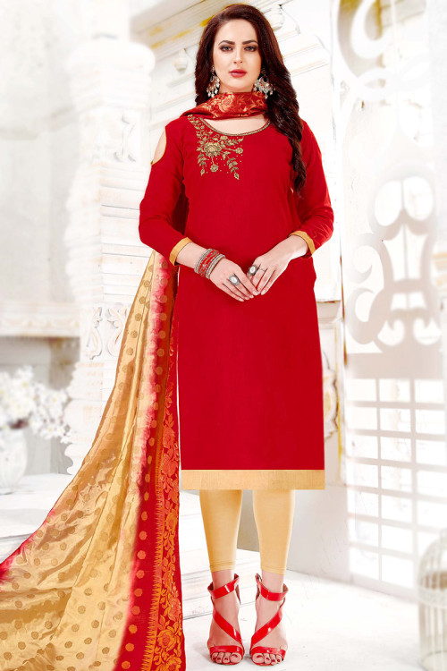 Red Cotton Embroidered Legging Suit