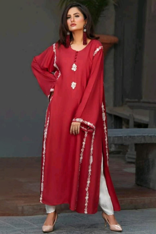 Thread Work Casual Wear Trouser Suit in Red Cotton