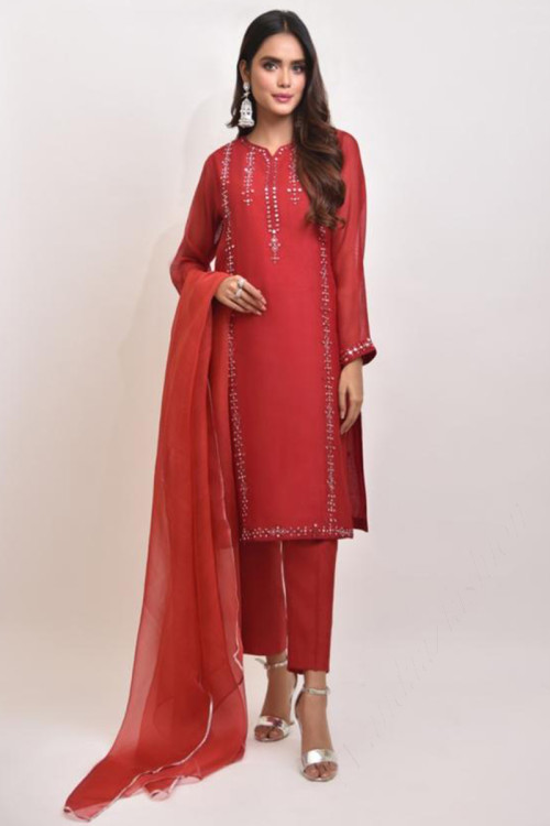 Red Cotton Embroidered Trouser Suit With Mirror Work