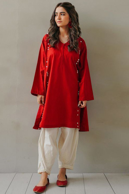 Red Cotton Festive Wear Patiala Suit