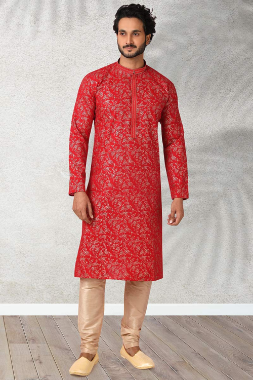 Red Cotton Printed Men Kurta Churidar