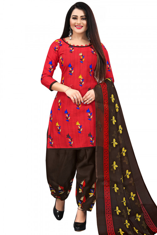 Red Cotton Printed Straight Cut Casual Wear Patiala Suit 