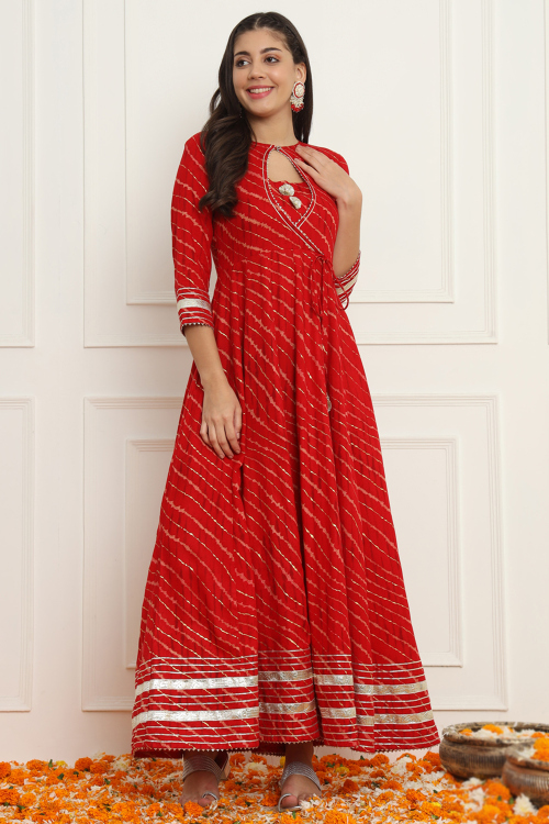 Red Cotton Rayon Gown With Printed Work For Diwali