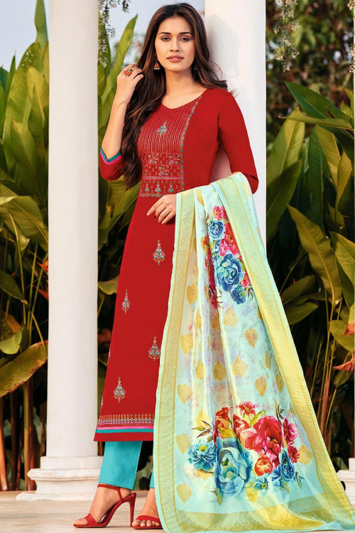 Cotton Red Party Wear Trouser Suit with Resham embroidery
