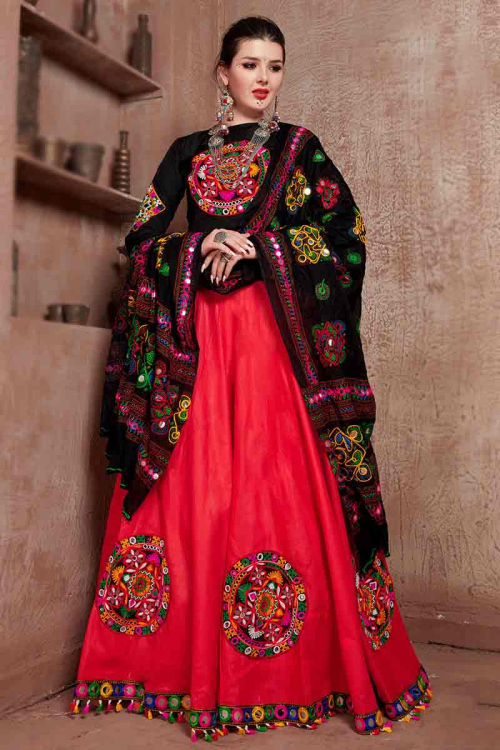 Red Cotton Silk Patch Embroidered Flared Lehenga