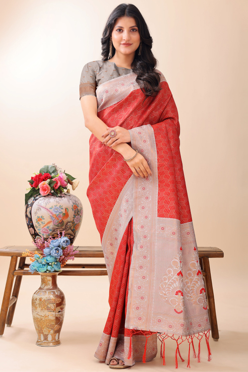 Red Cotton Silk Saree with Weaved Work for Diwali